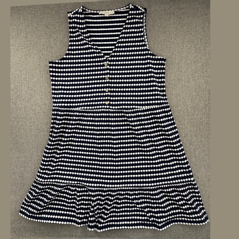 LOFT Jacquard swing Dress V-Neck Sleeveless Navy & White Large Cotton Blend - Picture 2 of 14